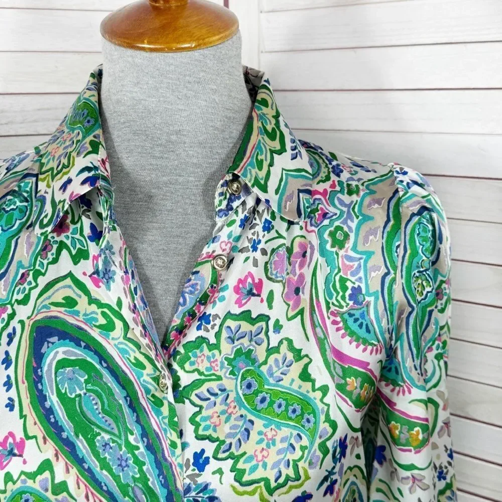 Zara Paisley Satin Button Up Blouse White Multi Small‎